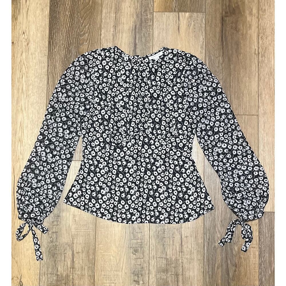 Topshop Women's Size 6 Black & White Floral Print Tie Sleeve Open Back Blouse - Picture 4 of 8